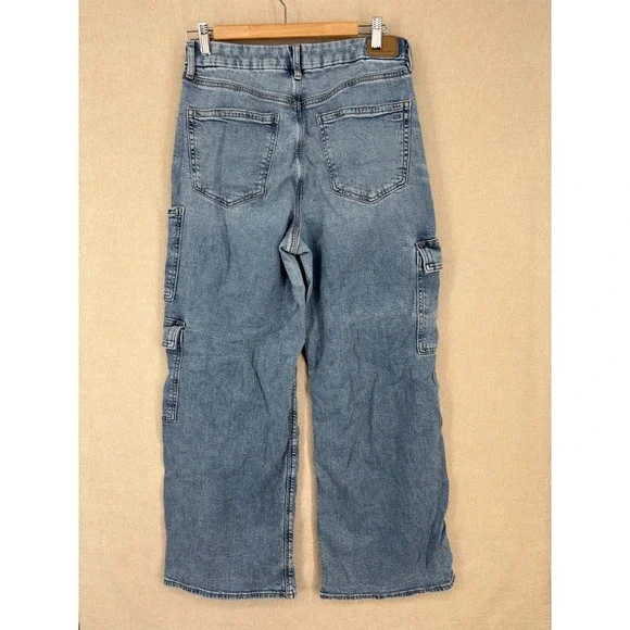 American Eagle Jeans 10 Blue Curvy Super High Rise Baggy Wide Leg Cargo - Picture 4 of 14